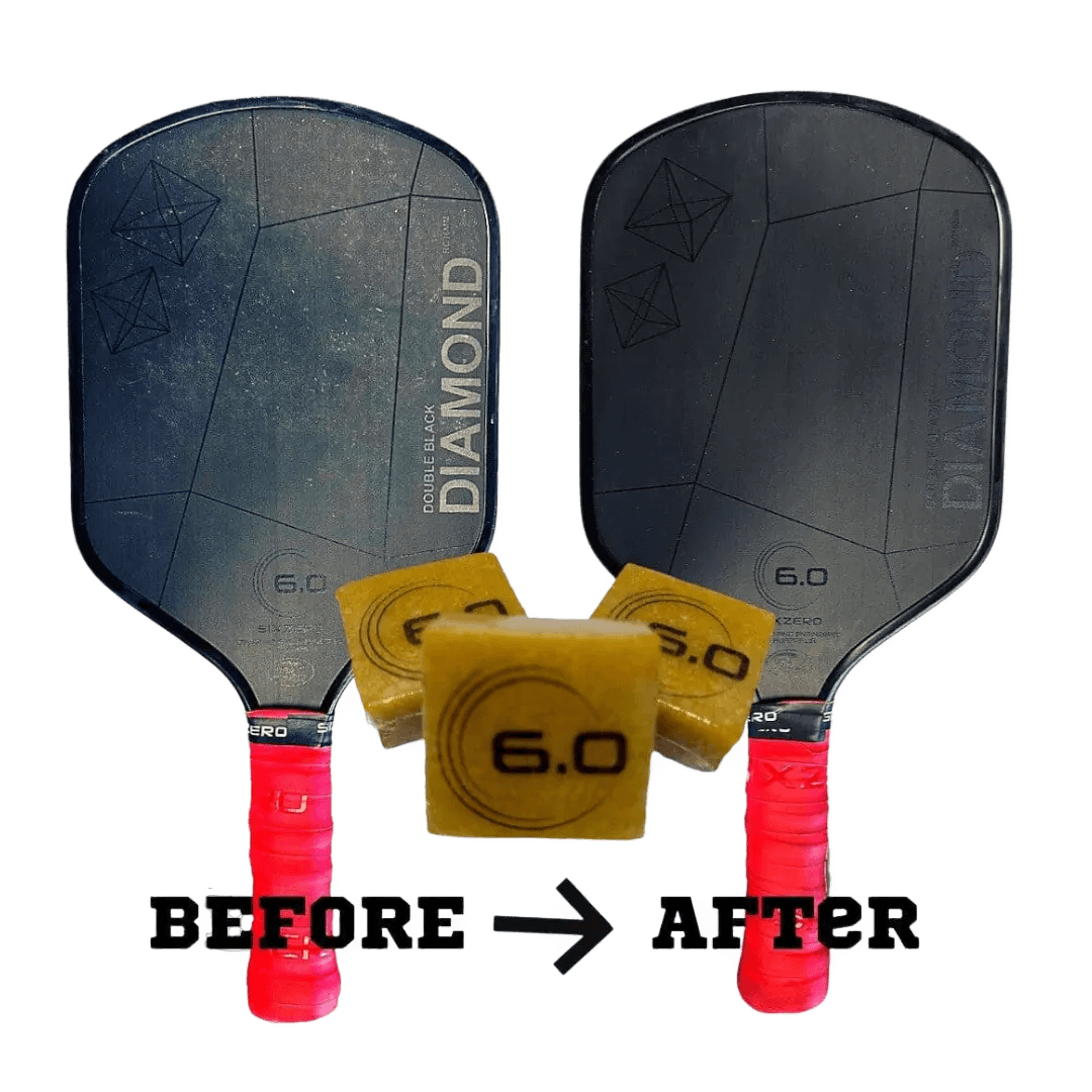 Six Zero Cleaning Rubber for Raw Textured Carbon paddles showing before and after cleaning results on Diamond Series paddles