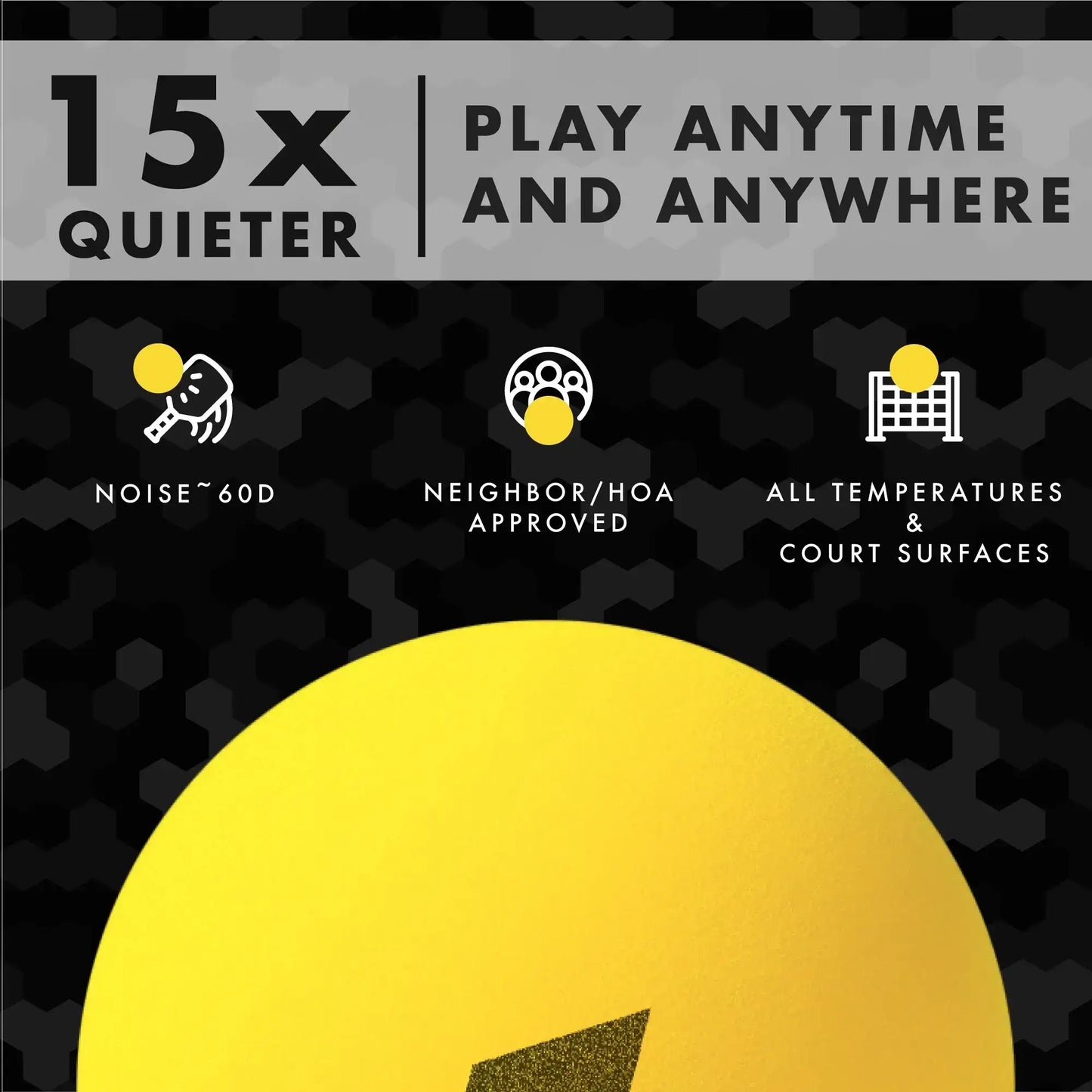 Infographic highlighting the CORE Stealth Pickleball's quiet performance, noise level, and suitability for diverse environments.