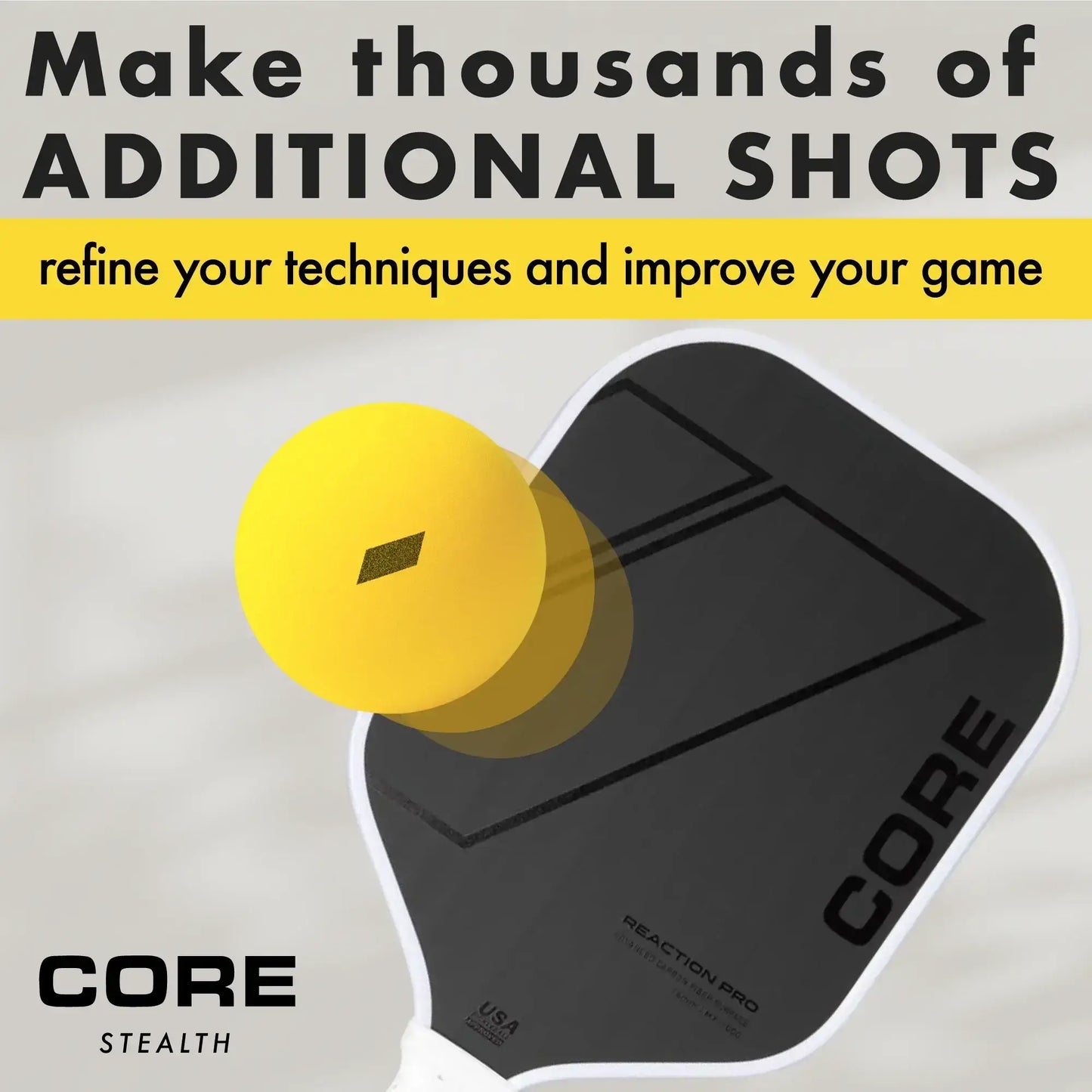 CORE Stealth Pickleball paddle with ball, promoting enhanced technique and improved gameplay for pickleball enthusiasts.