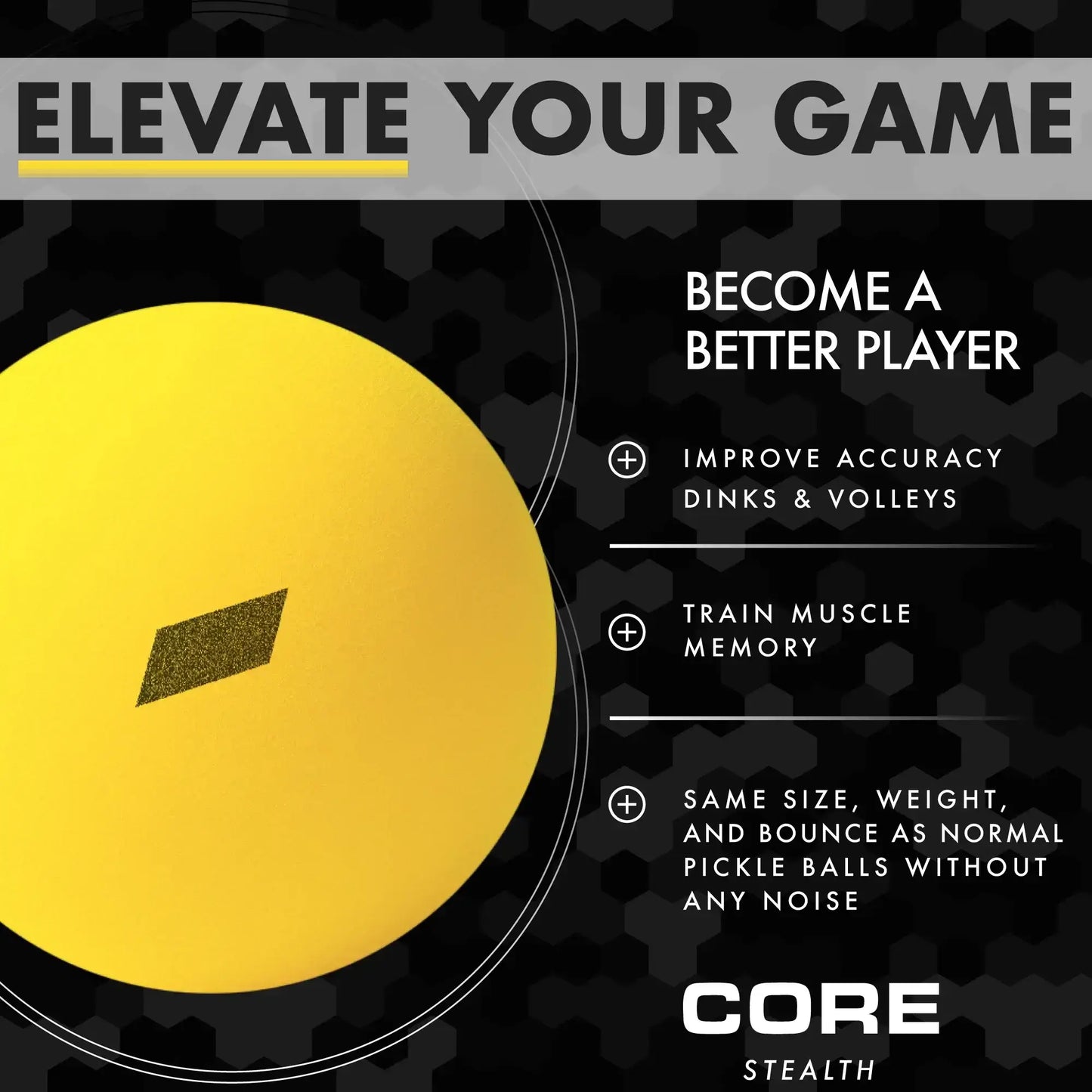 CORE Stealth Pickleball image highlighting features for improved accuracy and noise-free play.