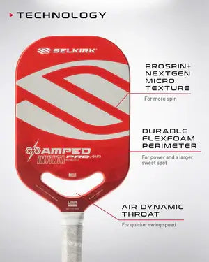 Selkirk AMPED Pro Air pickleball paddle technology features: Prospin texture, Flexfoam perimeter, and aerodynamic throat design.
