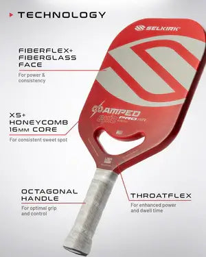 Selkirk AMPED Pro Air pickleball paddle technology features including Fiberflex face and X5 honeycomb core.