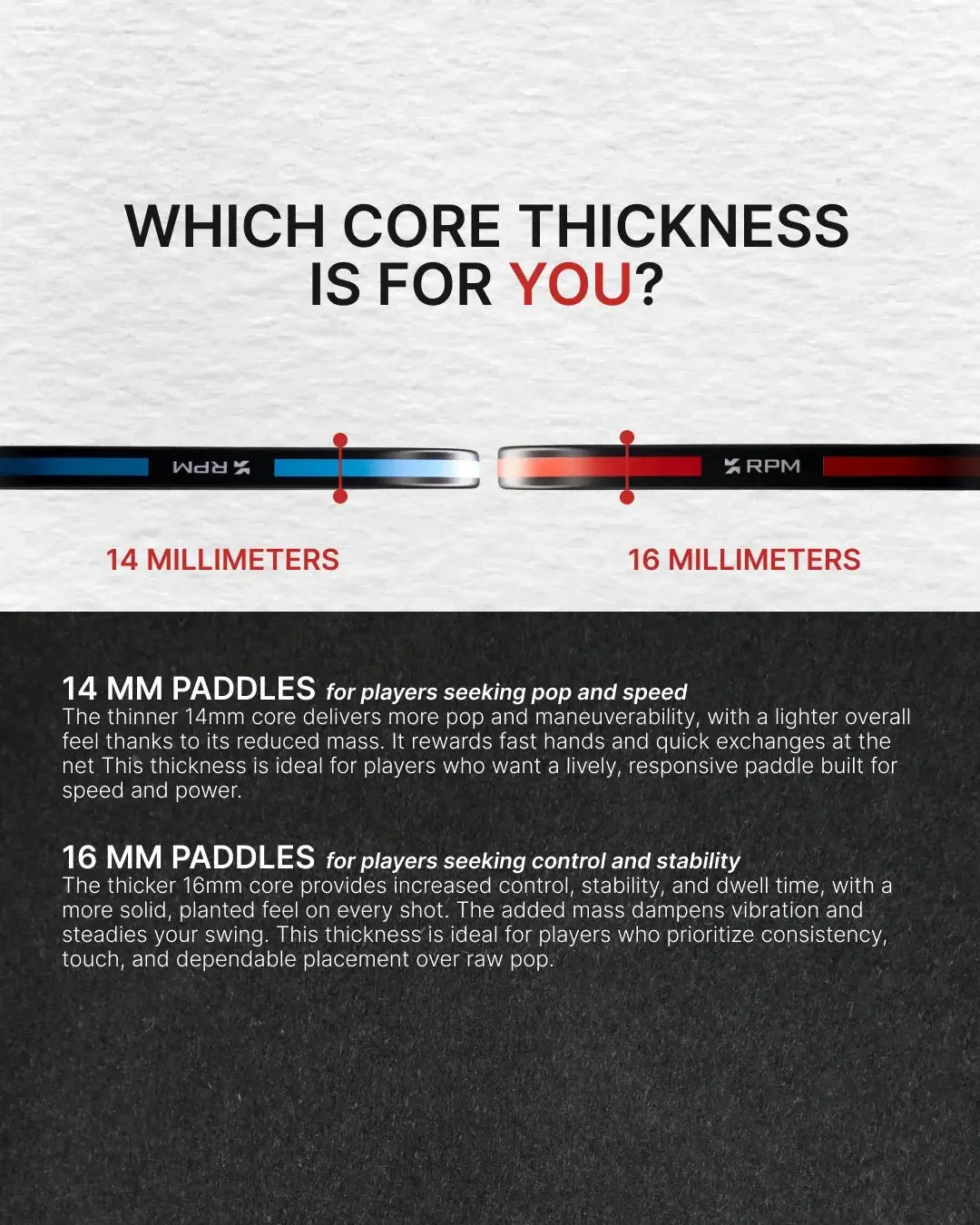 RPM JADE 16MM Widebody paddle comparison of core thicknesses 14 mm and 16 mm for performance differences.