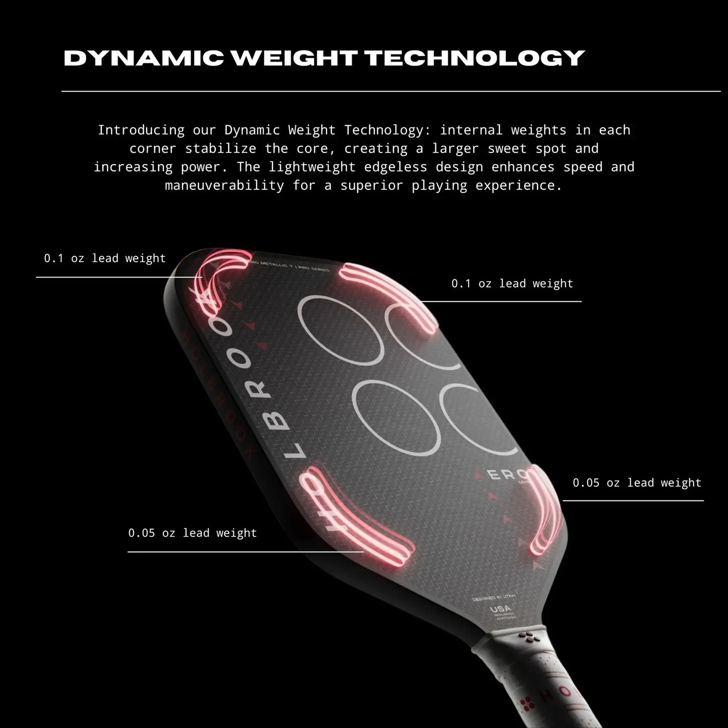Dynamic Weight Technology in Holbrook Aero Metallic T Pickleball Paddle for enhanced performance and control.