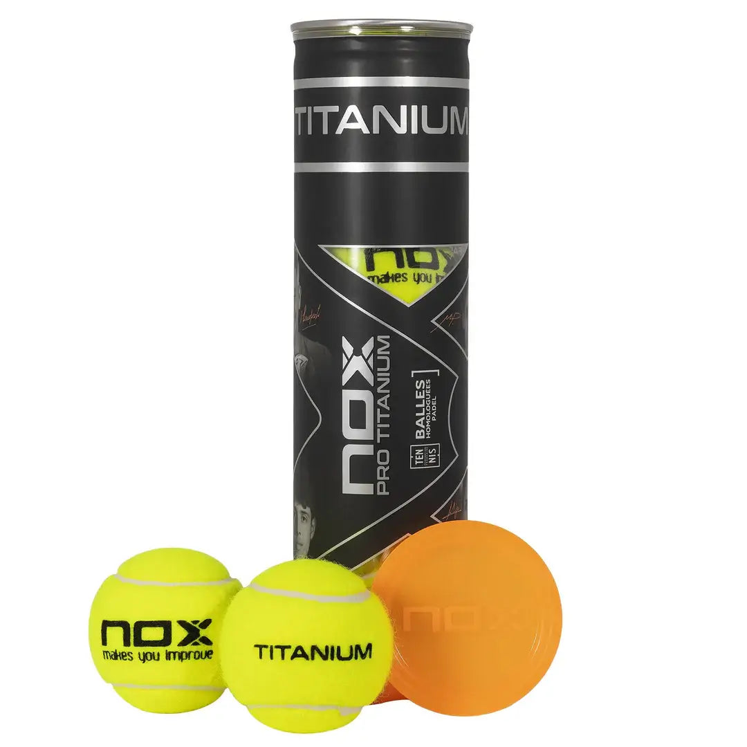NOX PRO TITANIUM 4 PADEL BALLS CAN with yellow and orange padel balls in a black tube.