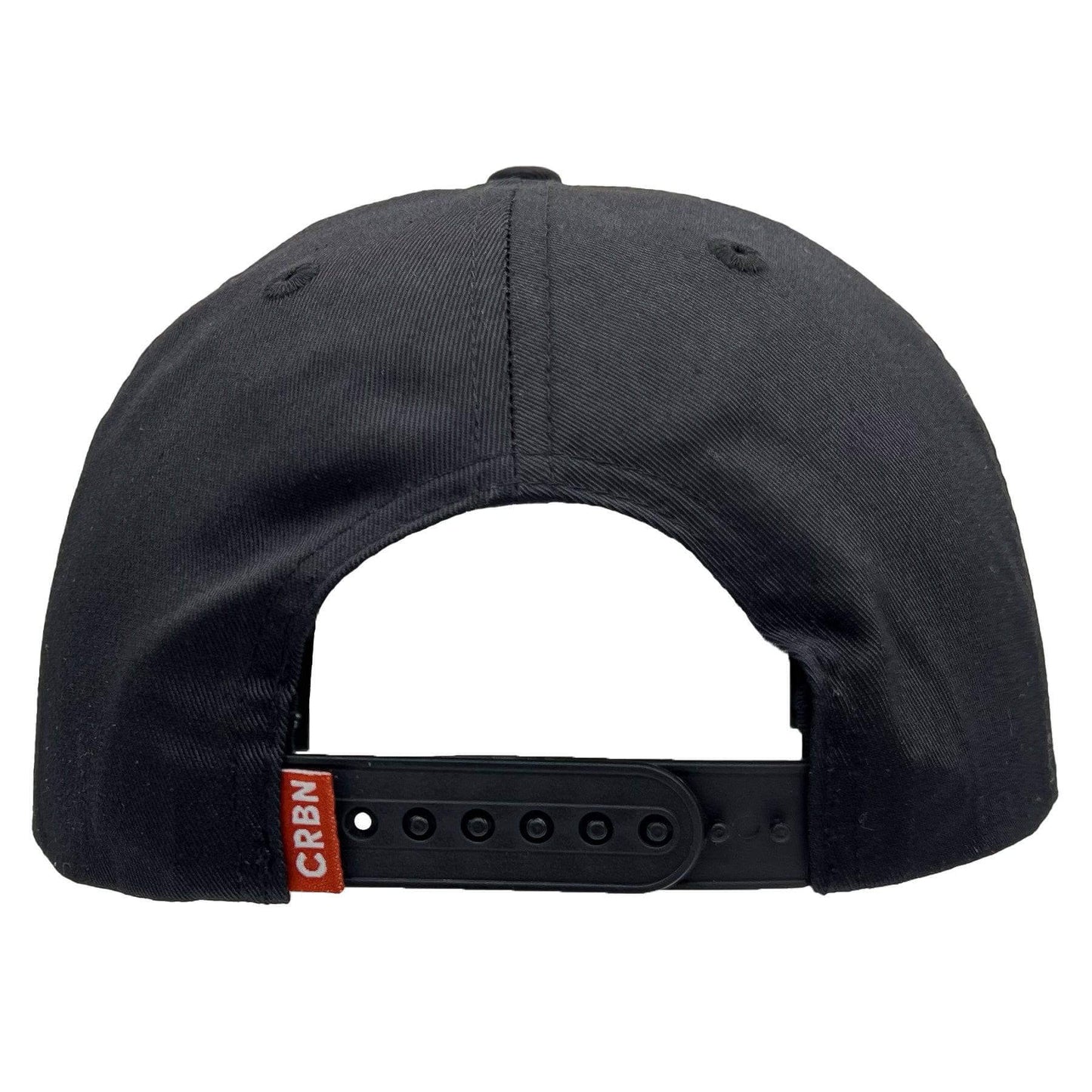 Back view of CRBN Essential Snapback Hat showcasing adjustable plastic snapback closure and woven branding patch.