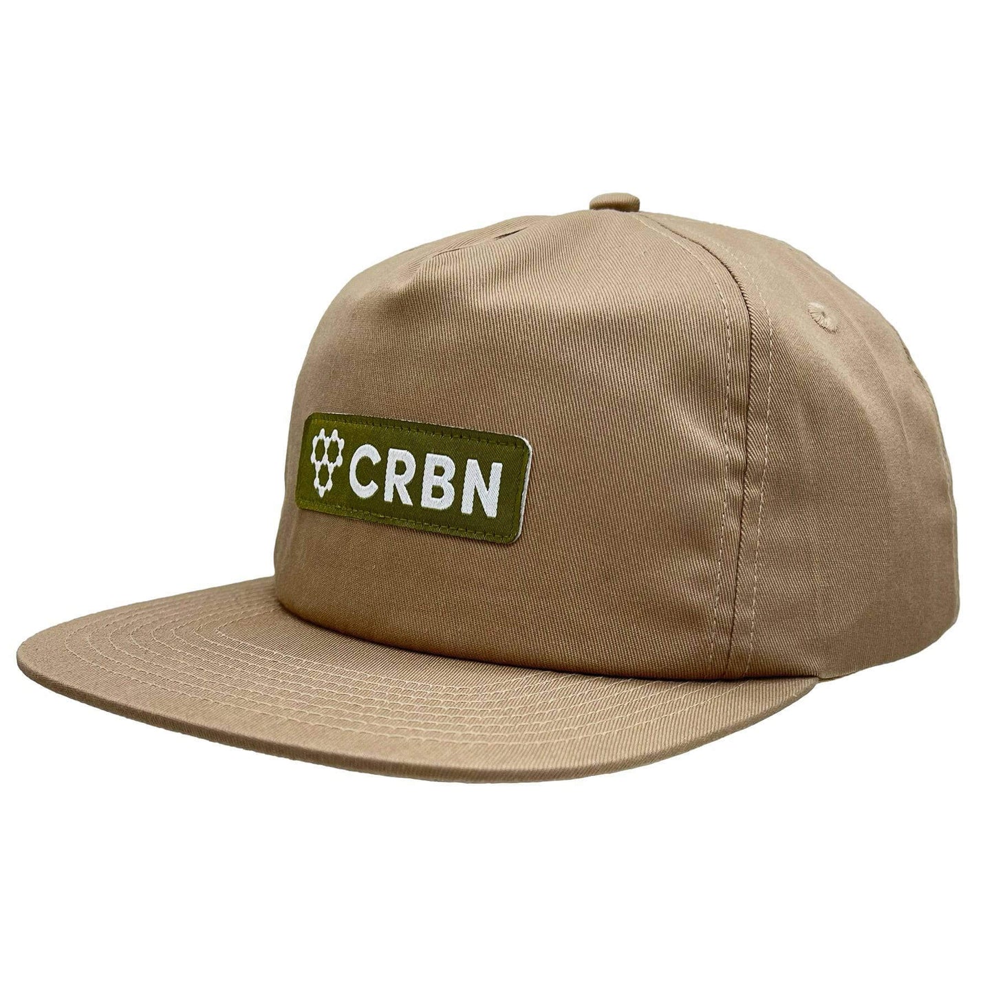 CRBN Essential Snapback Hat in tan color, featuring a woven patch logo and firm bill for an adjustable fit.