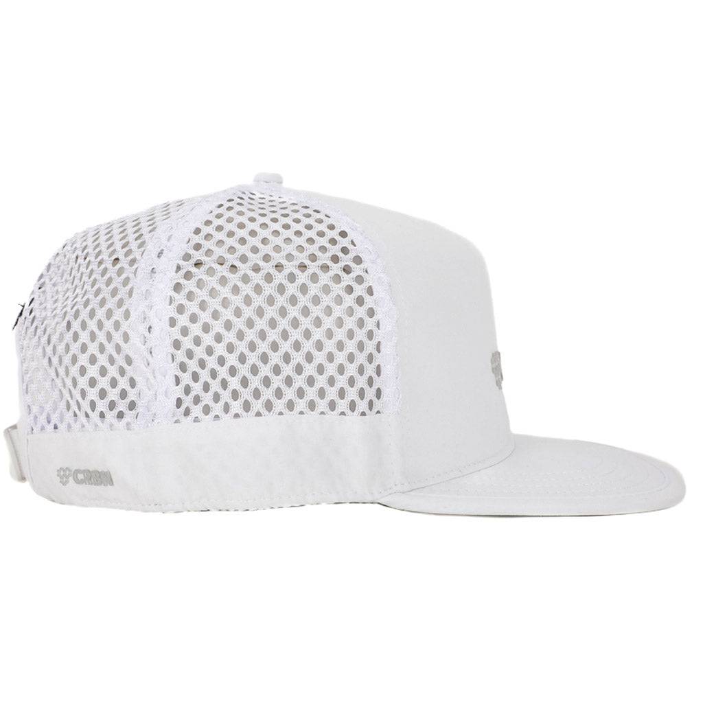 Side view of CRBN Ultralight trucker hat featuring mesh material and elastic back strap for comfort and breathability.
