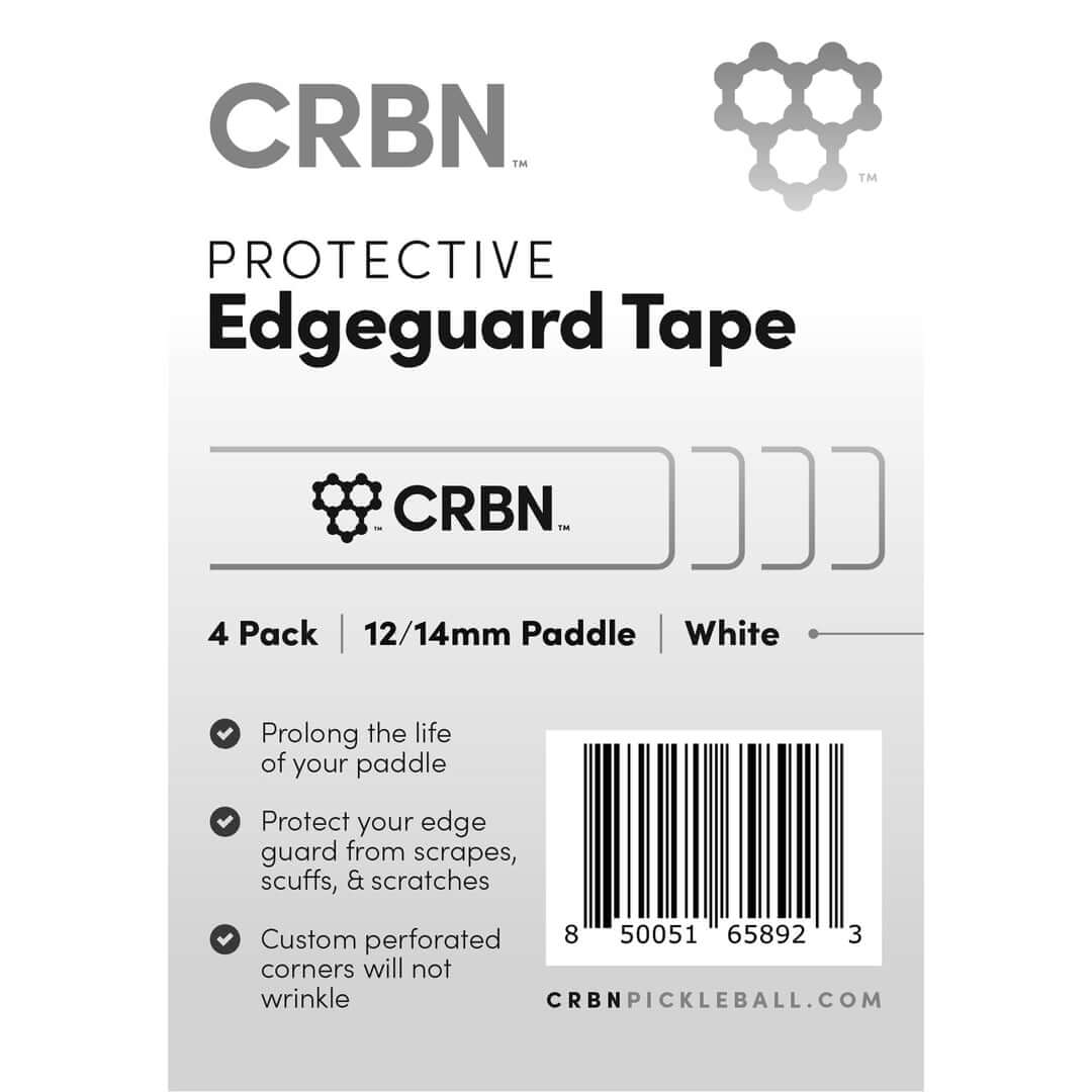 Packaging for CRBN Protective Edge Guard Tape 4 Pack in white with sawtooth corner design, for 12/14mm paddle. Prolongs paddle life.