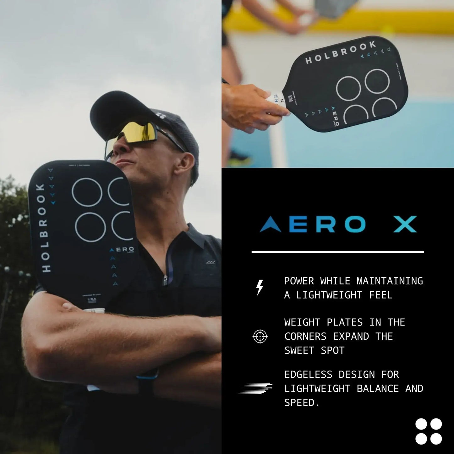 Holbrook Aero X paddle showcasing its lightweight design, power features, and optimal sweet spot for players.