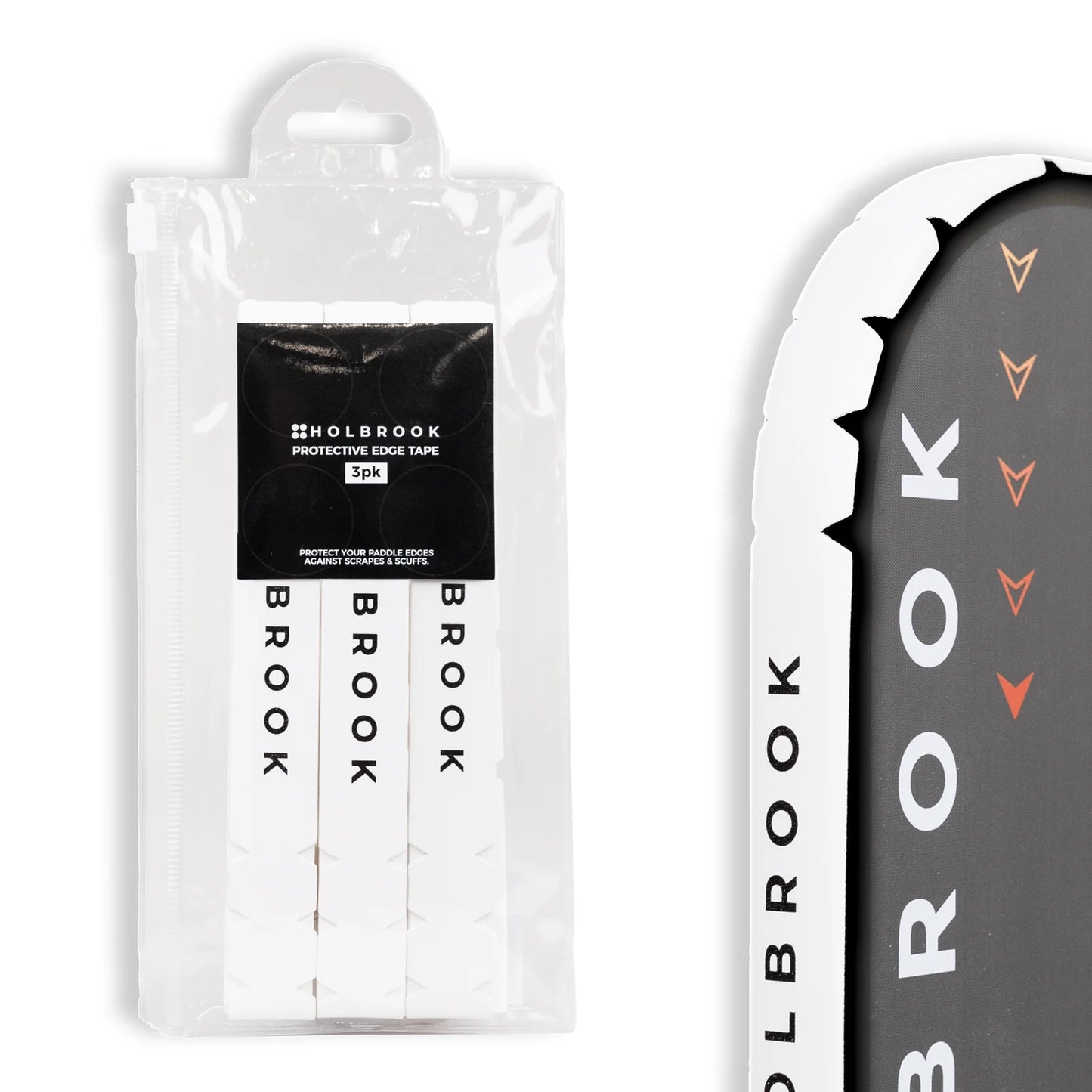 Holbrook Protective Edge Tape pack displaying three strips in a zip pouch for pickleball paddle protection.