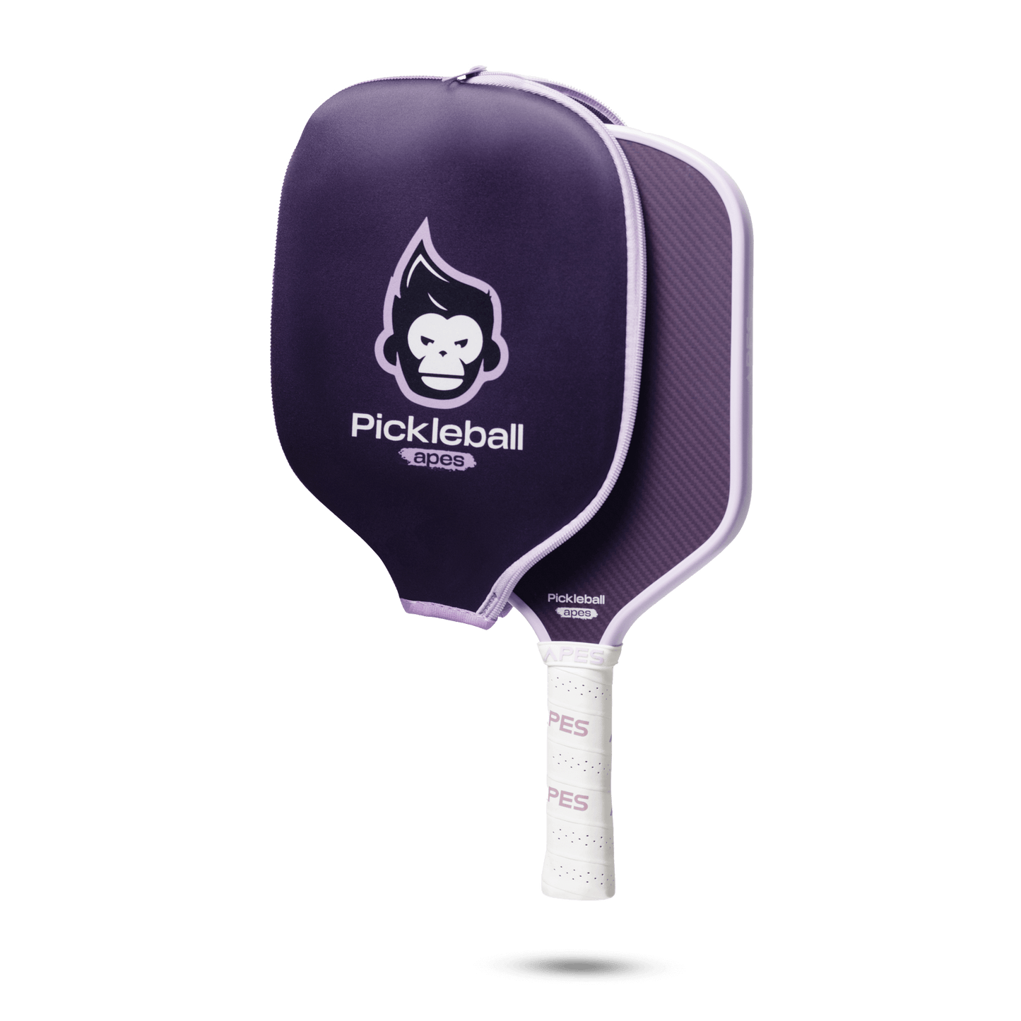 PickleballApes Pulse S paddle with purple design and leather grip, featuring narrow-cell honeycomb poly core and protective cover.