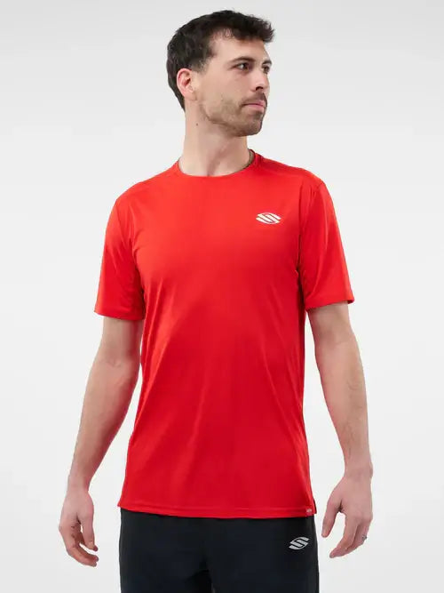 Men's red short sleeve performance tee, moisture-wicking and lightweight, ideal for active sports like pickleball.