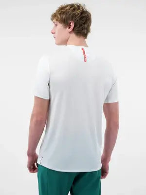 Back view of a man wearing a lightweight Men’s Essentials Sport-Wik Short Sleeve Performance Tee in white.
