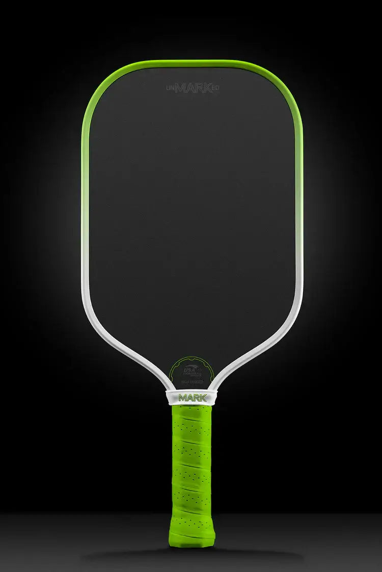 unMARKed Alpha Paddle by Mark Pickleball showcasing a sleek design with a vibrant green grip and black surface.