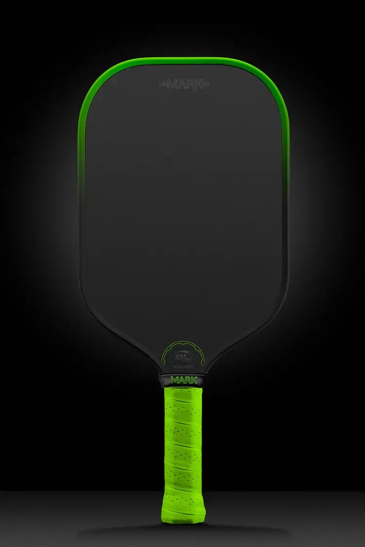 unMARKed Alpha pickleball paddle by Mark Pickleball with a sleek black face and vibrant green handle.