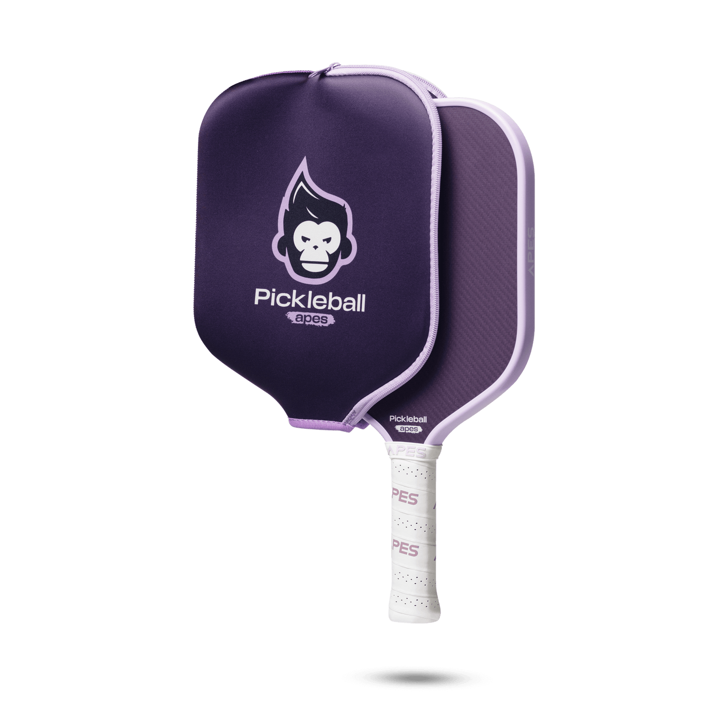 PickleballApes Pulse V paddle featuring a purple design with a monkey logo and leather grip, ideal for performance and play.
