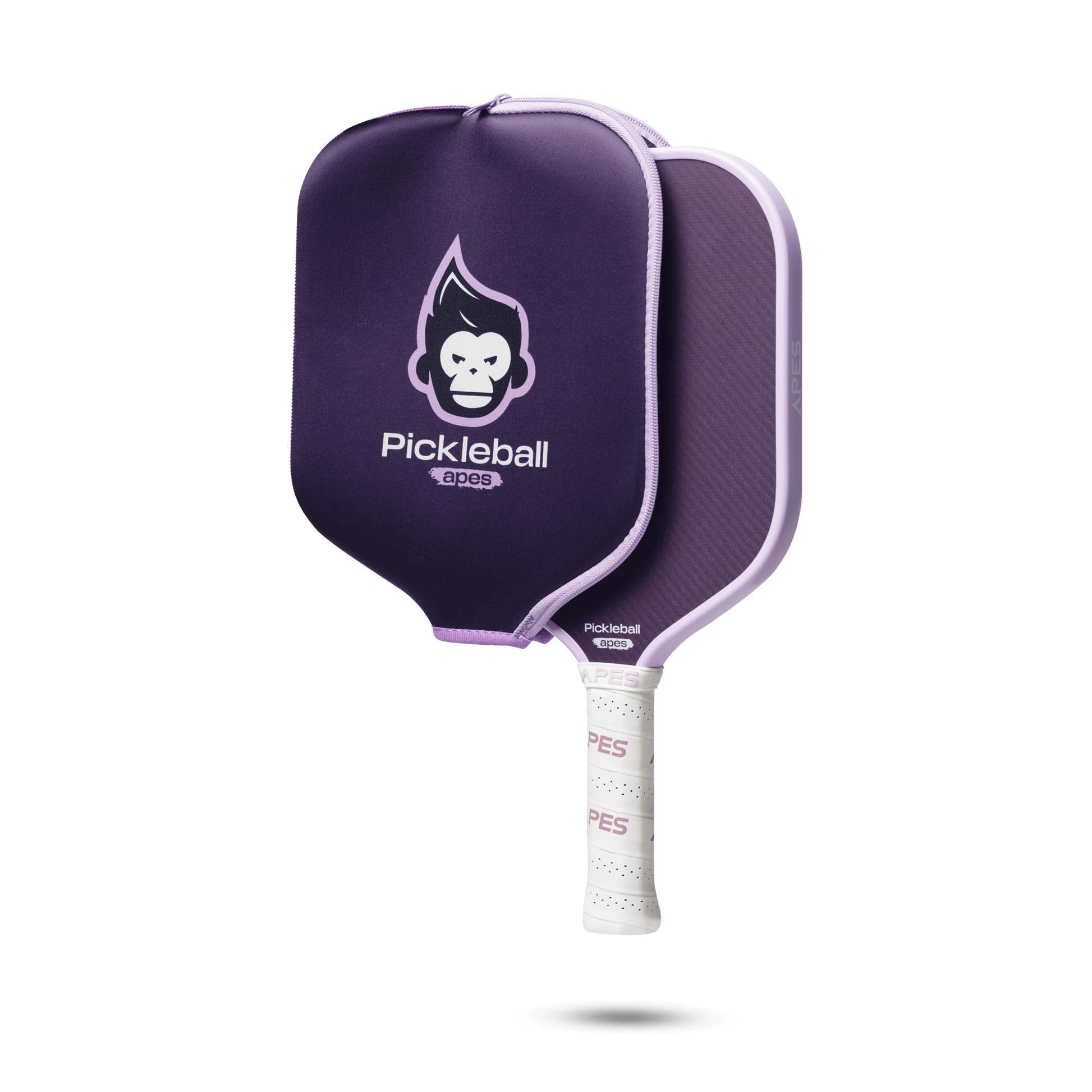 PickleballApes Pulse V paddle featuring a purple design with a monkey logo and leather grip, ideal for performance and play.