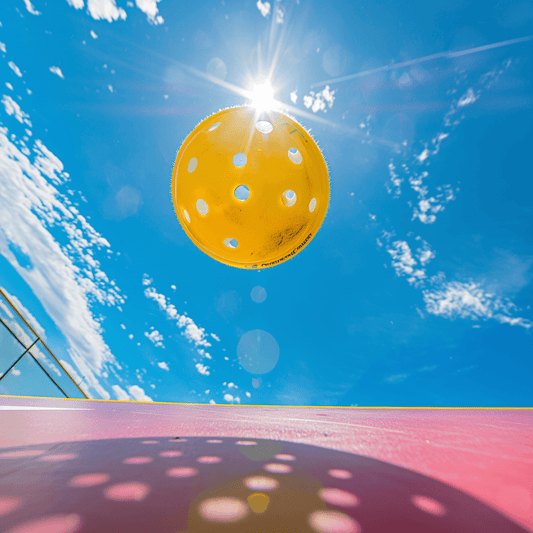 Yellow pickleball in mid-air with bright blue sky and sun in the background.