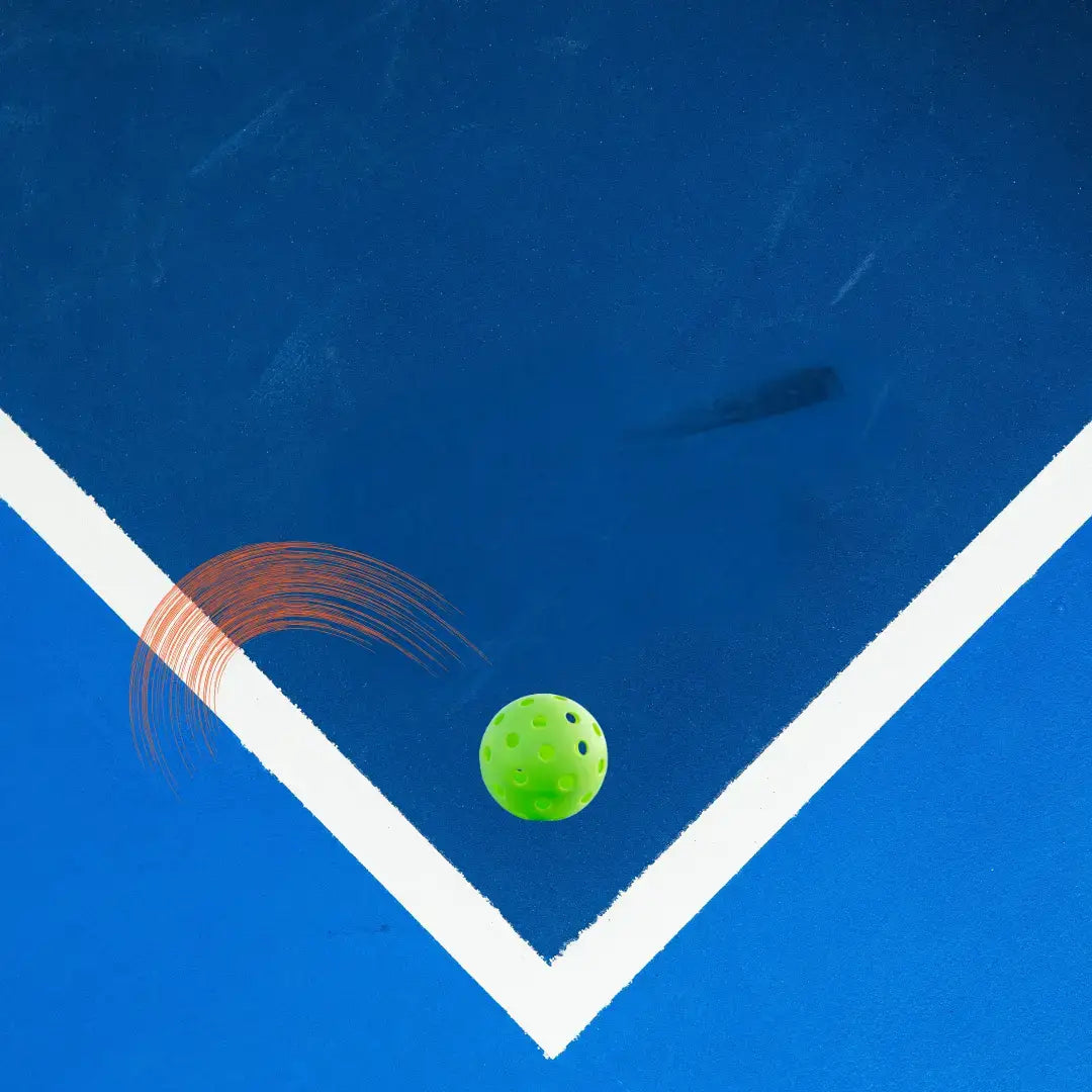 Close-up of a green game ball on a blue surface with red trajectory lines, emphasizing control and precision in gameplay.