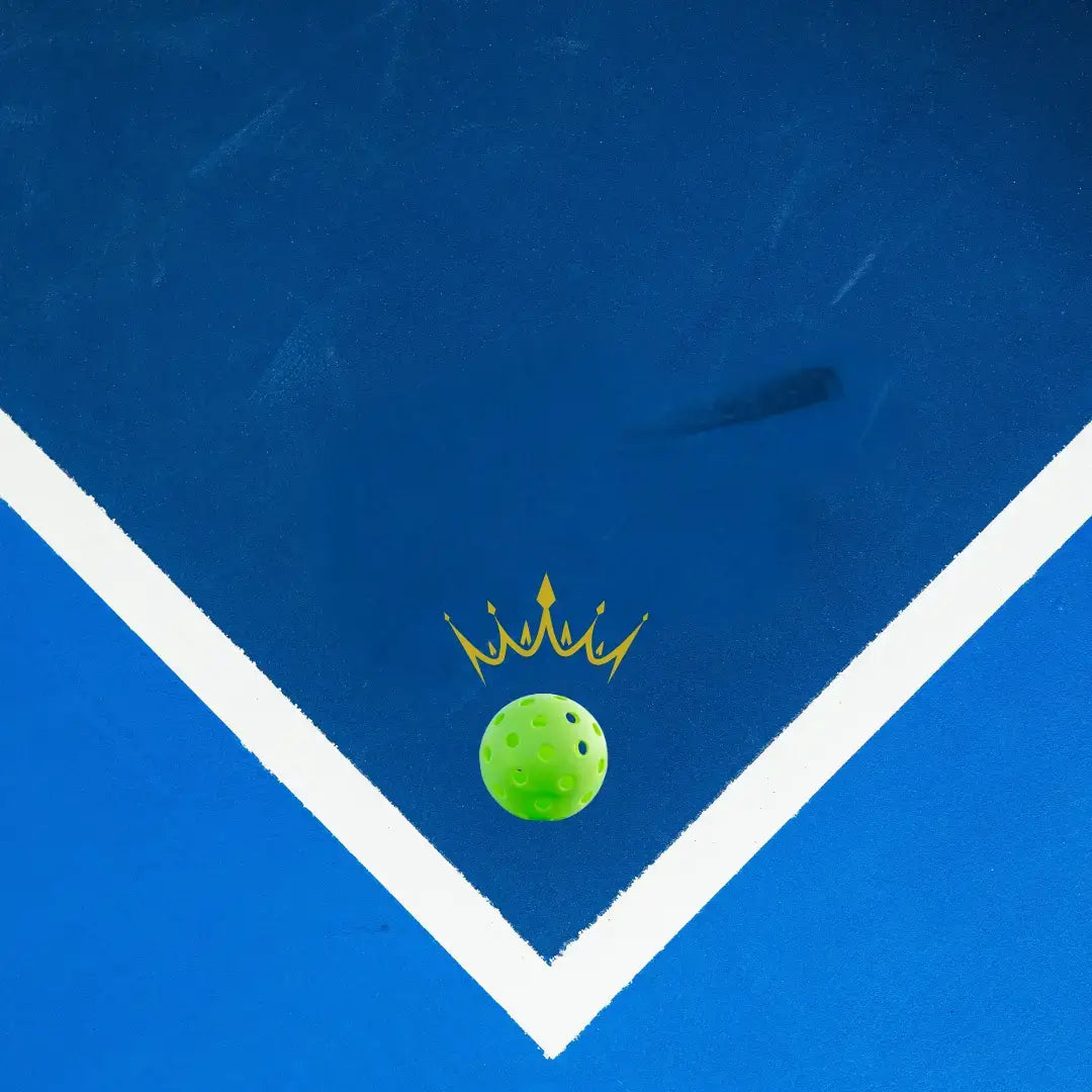 Close-up of a blue playing surface featuring a green ball and a crown symbol, representing tournament play.