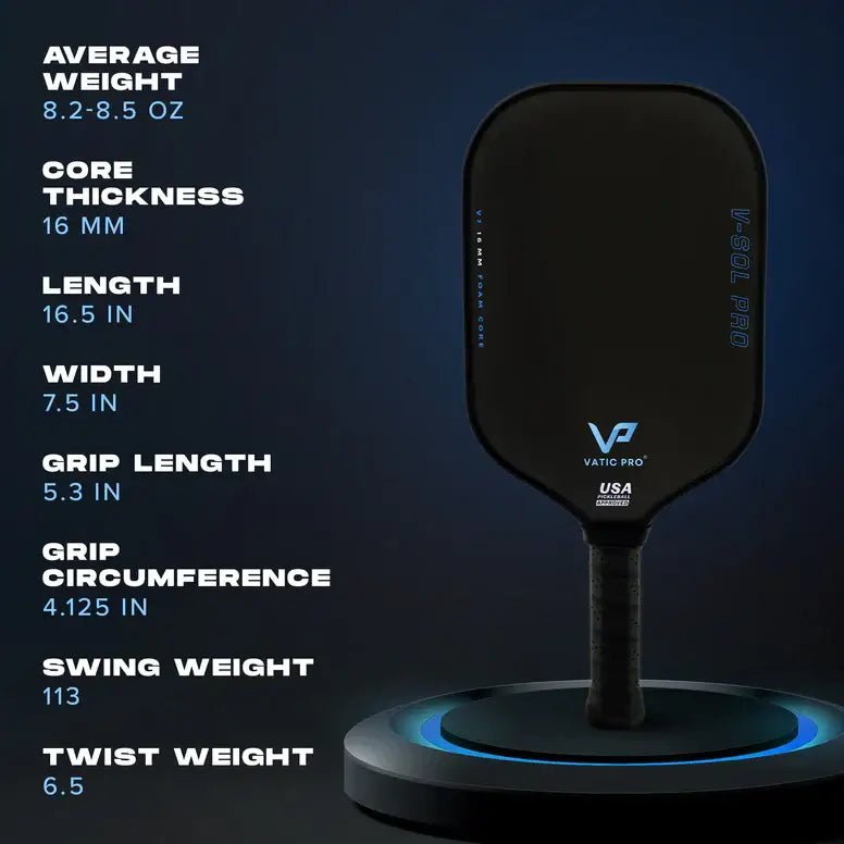 Vatic Pro V-SOL PRO V7 paddle specifications, showcasing average weight, core thickness, length, width, and grip details.