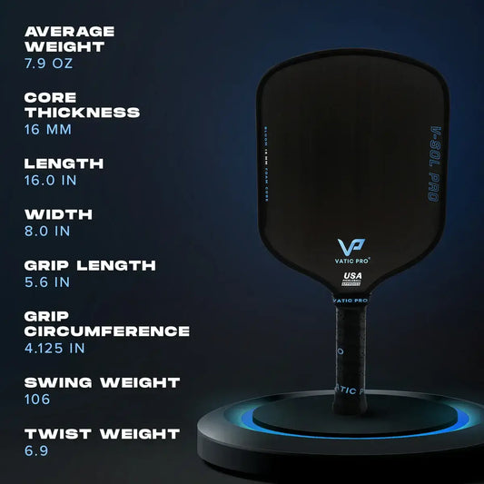 Vatic Pro V-SOL PRO Bloom specifications including weight, core thickness, length, width, and grip dimensions.