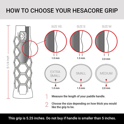 How to choose Hesacore Grip size guide diagram for pickleball handles 5.25 inches long, with size options XS, S, and M.