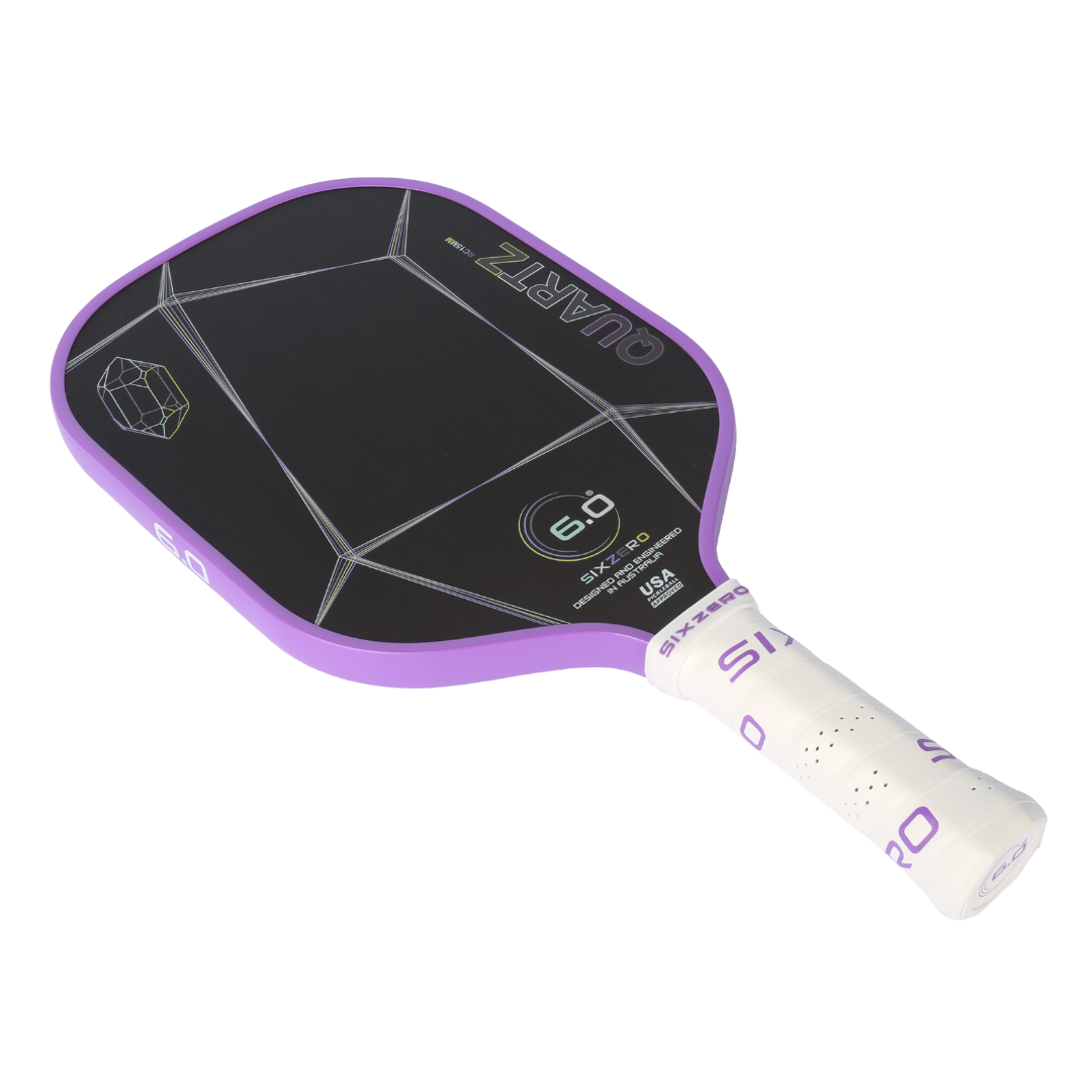 Six Zero Quartz Pickleball Paddle with purple trim and white grip for quality performance and affordability