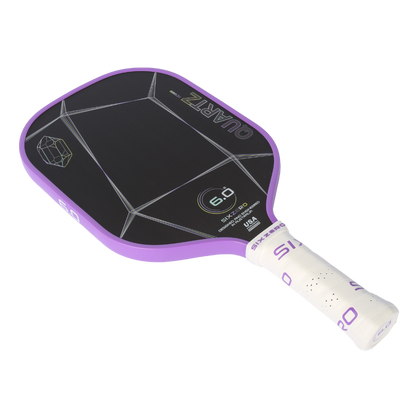 Six Zero Quartz Pickleball Paddle with purple trim and white grip for quality performance and affordability