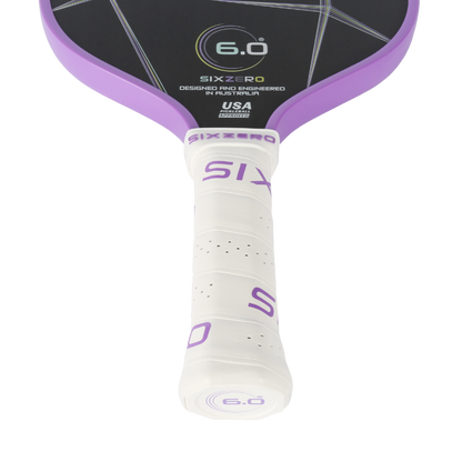 Six Zero Quartz pickleball paddle with purple edge and large sweet spot for amplified control, power and pop