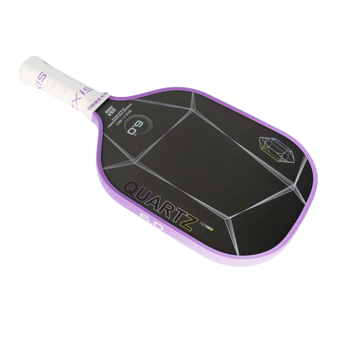 Six Zero Quartz pickleball paddle with purple edge and large sweet spot for enhanced control and power