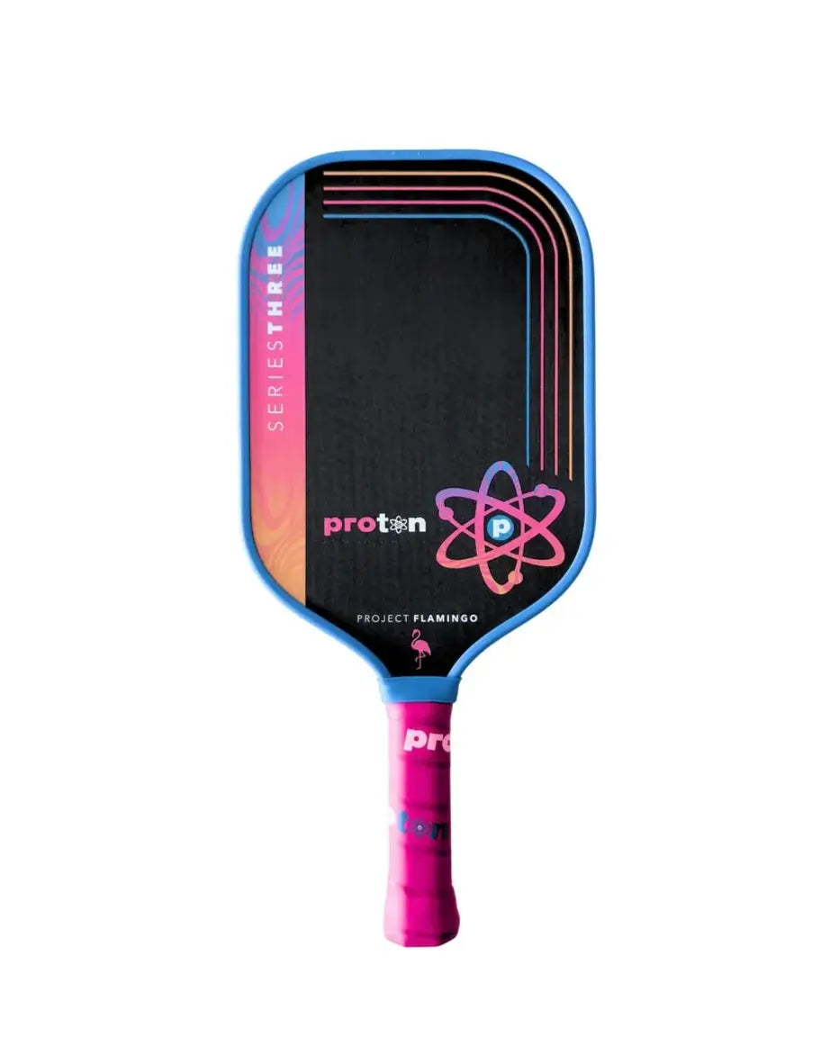 Proton Sports Series Three Project Flamingo paddle featuring colorful design and ergonomic grip for enhanced performance.