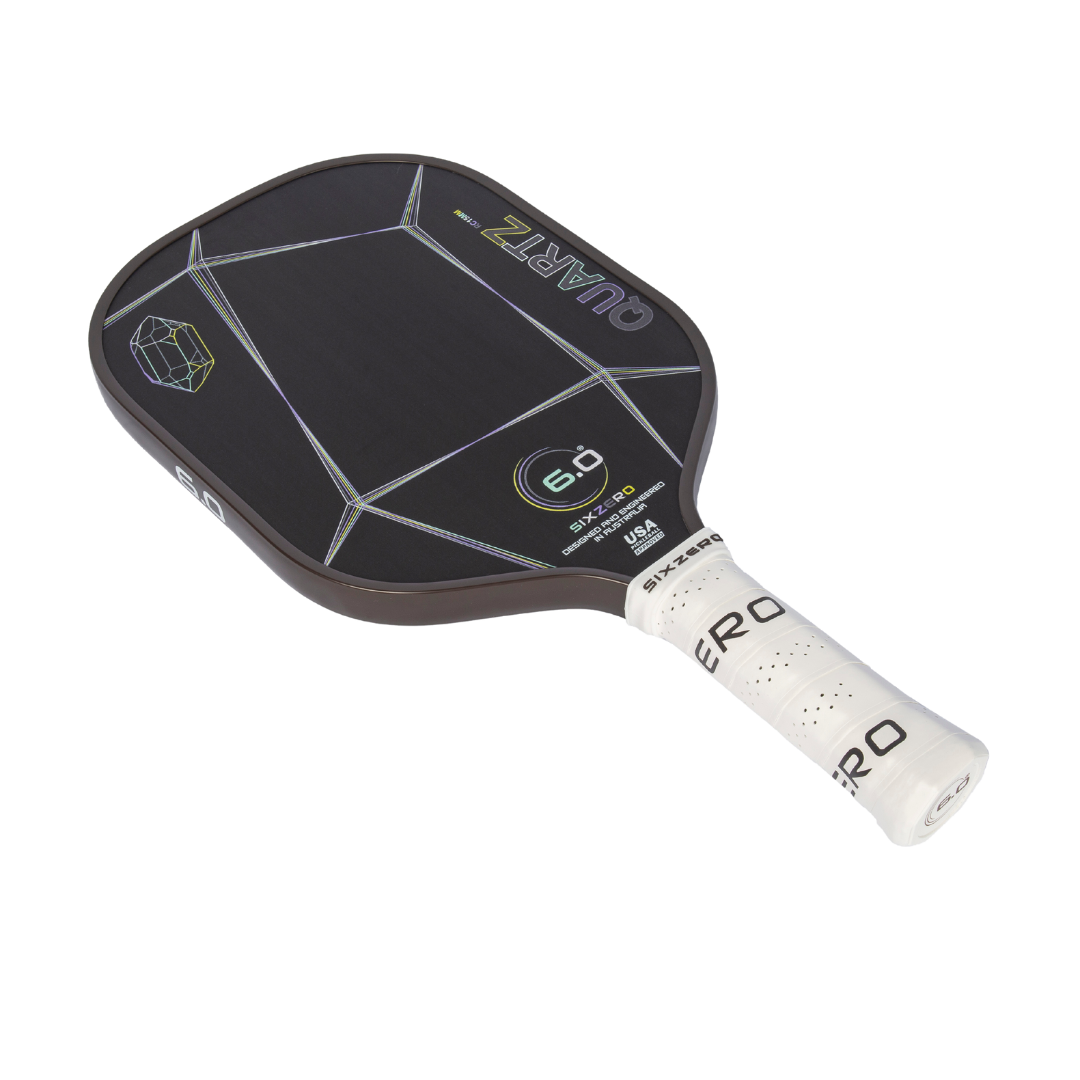 Six Zero Quartz pickleball paddle with large sweet spot for control, power, and pop, combining quality performance and affordability.