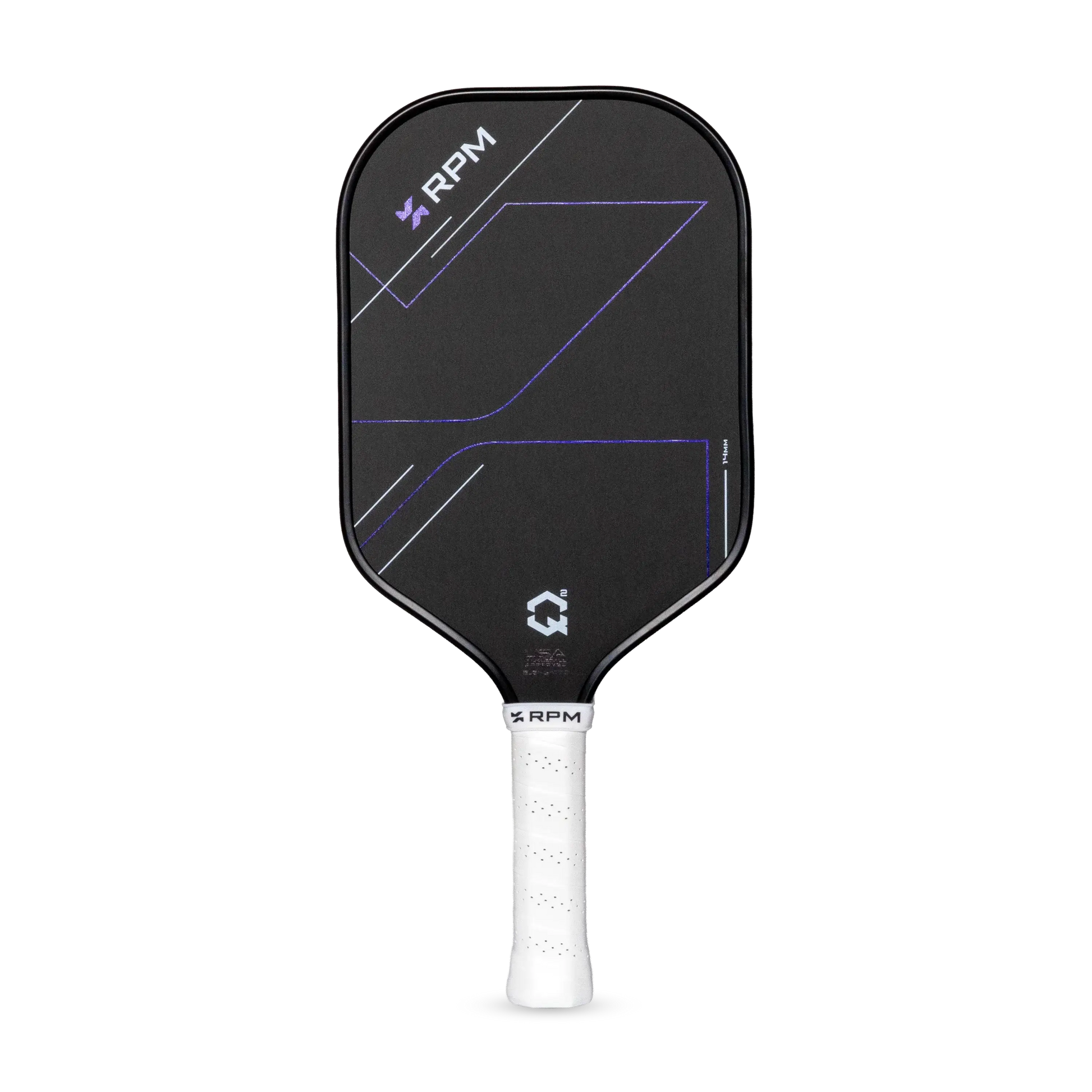RPM Q2 Elongated Paddle - 14MM with sleek black design and white grip for enhanced performance.