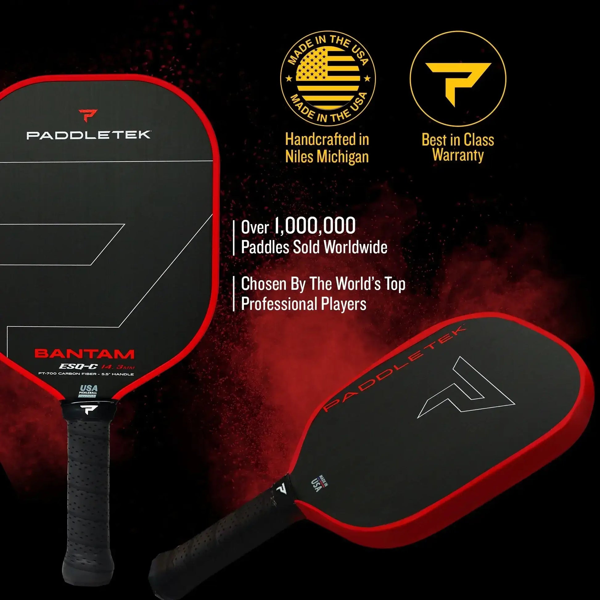 BANTAM ESQ-C 14.3 pickleball paddle handcrafted in Michigan, chosen by top players, featuring high performance and durability.