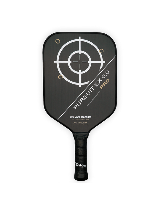 Engage Pursuit PRO EX 6.0 pickleball paddle with Toray T700 carbon fiber technology, featuring a black design and target graphic.