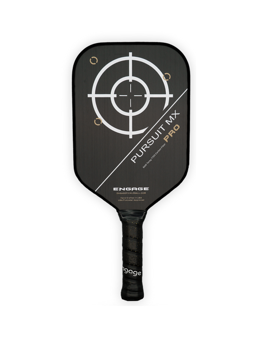 Engage New Pursuit PRO MX Lite Elongated paddle with raw T700 carbon fiber design and target graphic on face