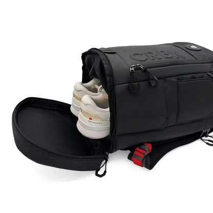 CRBN Pro Team Backpack 2.0 with shoes in compartment, designed for organization and durability.