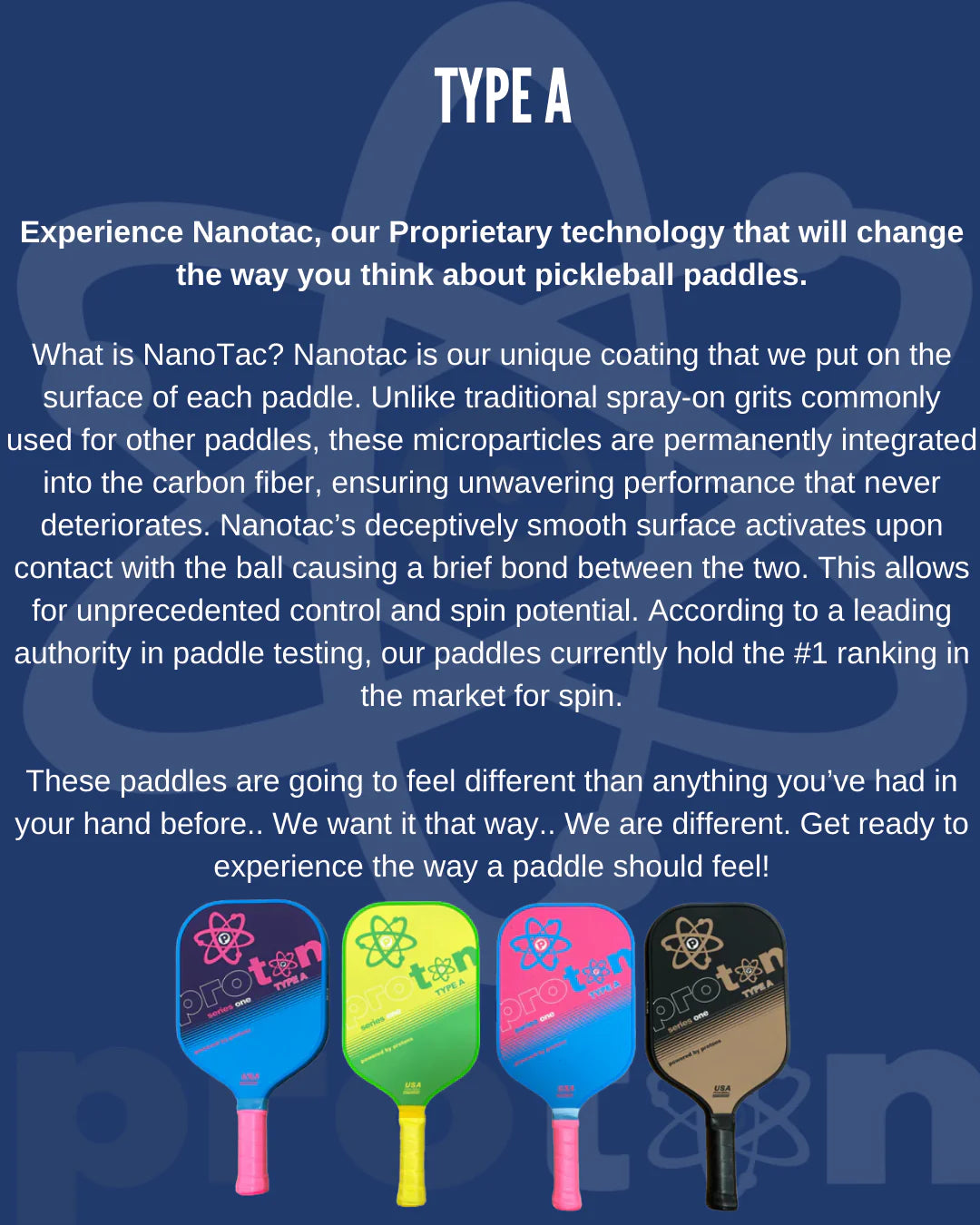 Overview of Type A paddles featuring Nanotac technology for enhanced performance and grip in pickleball.