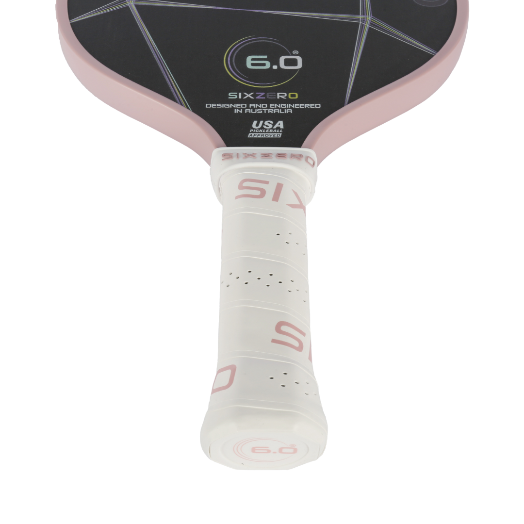 Six Zero Quartz pickleball paddle with white grip and large sweet spot for enhanced control and power