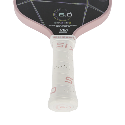 Six Zero Quartz pickleball paddle with white grip and large sweet spot for enhanced control and power