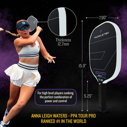 Anna Leigh Waters using the BANTAM ALW-C 14.3 paddle, showcasing its dimensions and features for power and control.