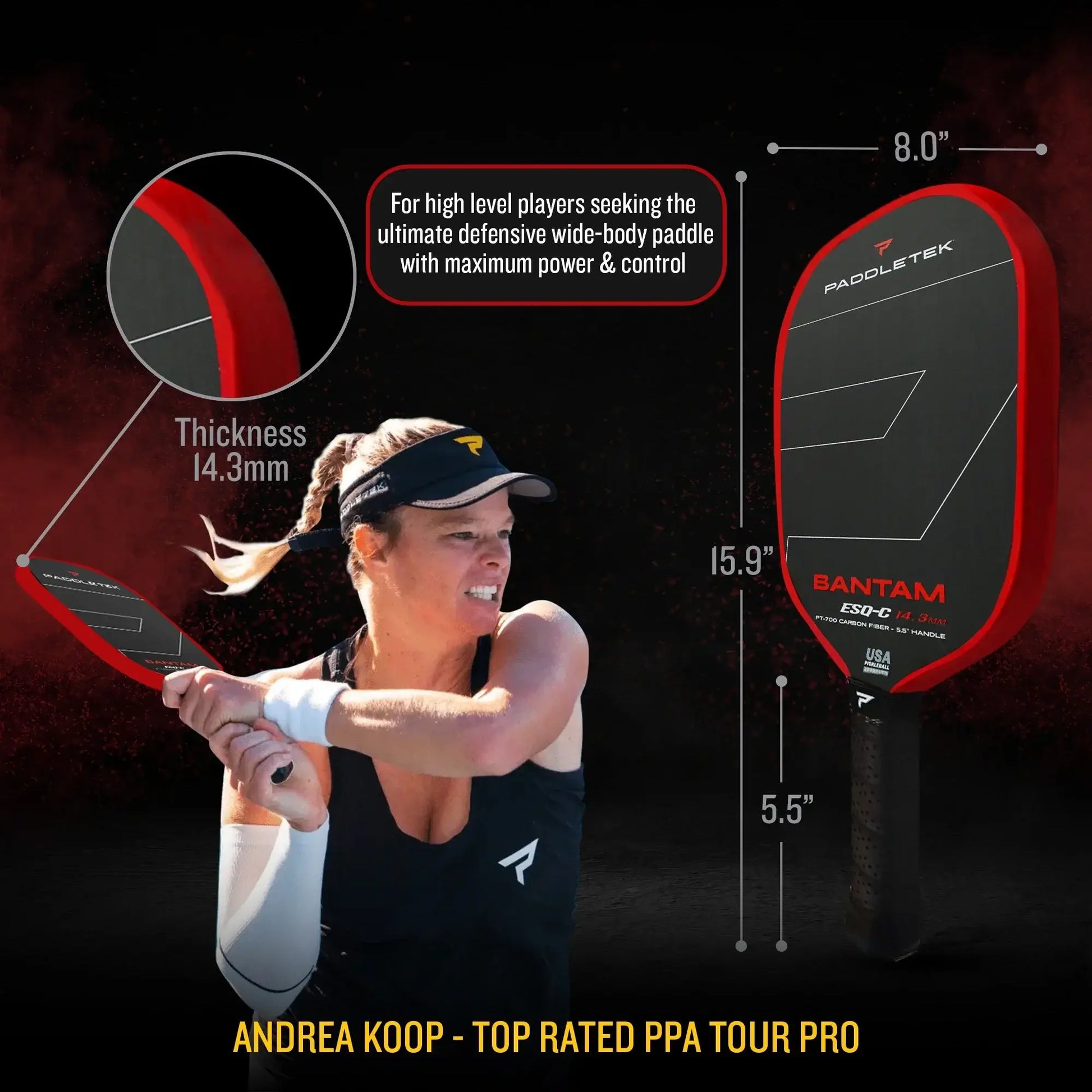 BANTAM ESQ-C 14.3 pickleball paddle designed for power and control, featuring Andrea Koop, top PPA tour pro.