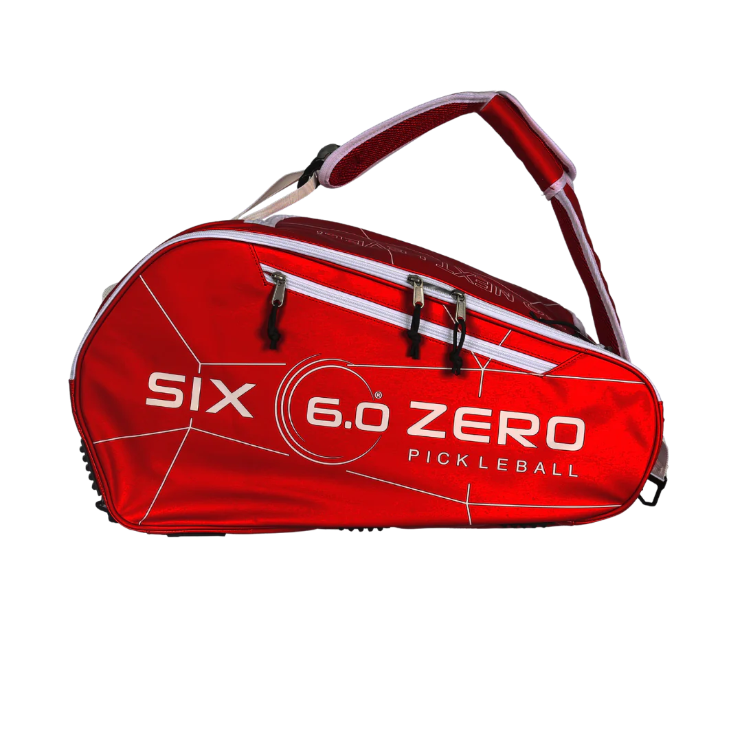 Six Zero Pro Tour Bag in red color, ideal for pickleball players with durable features and spacious design.