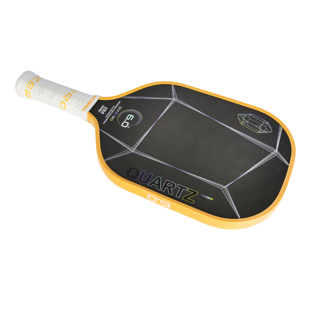 Six Zero Quartz pickleball paddle with black face and yellow edges, large sweet spot for control and power, quality performance affordable price