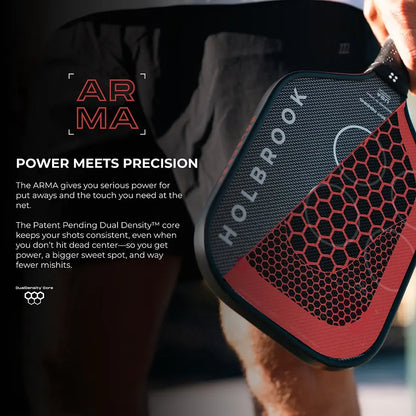 Holbrook Arma metallic paddle showcasing power and precision with a honeycomb design and ergonomic grip.
