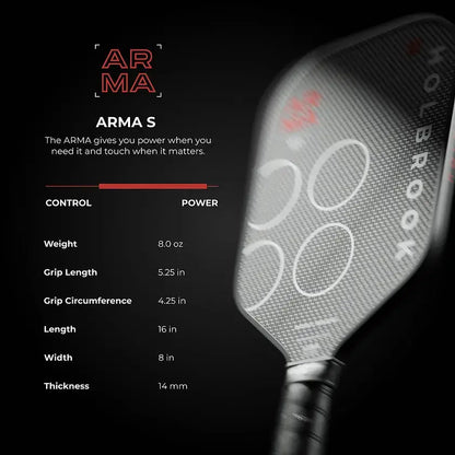 Close-up view of the Holbrook ARMA S paddle specifications, highlighting control and power features.