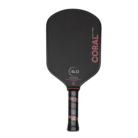 Six Zero Coral 16mm (Elongated) pickleball paddle with durable foam core and advanced technology.