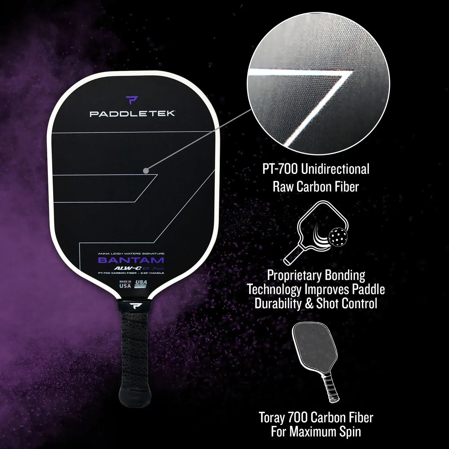 Bantam ALW-C 14.3 paddle features PT-700 carbon fiber for power and performance, showcasing durability and control.